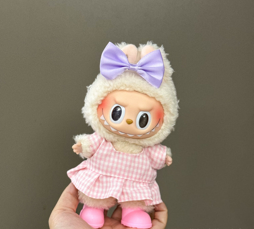 Labubu Clothing – Pink Gingham Tiered Dress & Lavender Bow